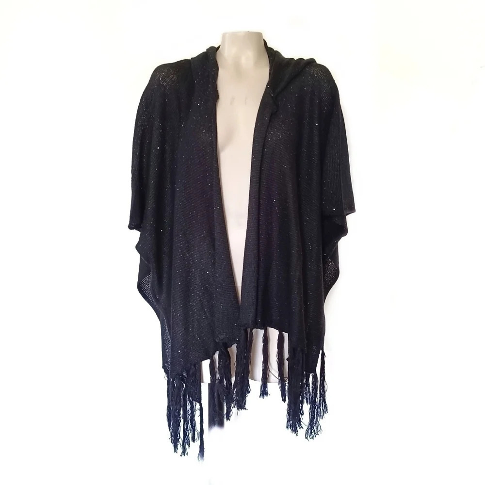 Steve Madden Medallion Brushed Knit Hooded Sequined Shawl Fringe Boho L OS